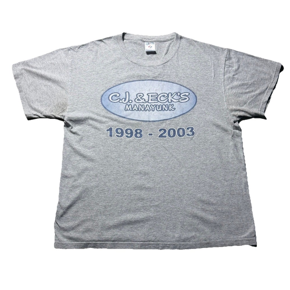 Vintage C.J.‎ & ECK'S Manayunk 1998 2003 Graphic T Shirt Mens L Gray Philly